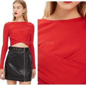 Topshop ribbed wrap red long sleeves crop top Size 12